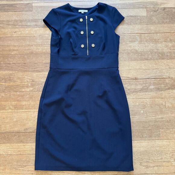 Sandra Darren navy blue cap sleeve midi sheath dress size 12 b23 - Picture 1 of 4